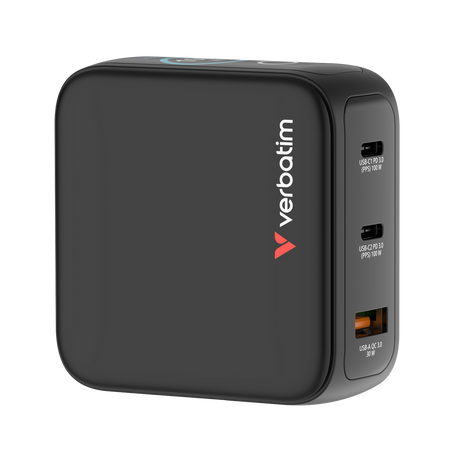 Verbatim Ladeadapter, Mini GaN mit Display, 100W, schwarz 1x USB-A QC, 2x USB-C PD3.0, Retail