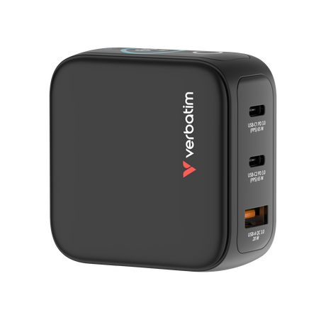 Verbatim Ladeadapter, Mini GaN mit Display, 65W, schwarz 1x USB-A QC, 2x USB-C PD3.0, Retail