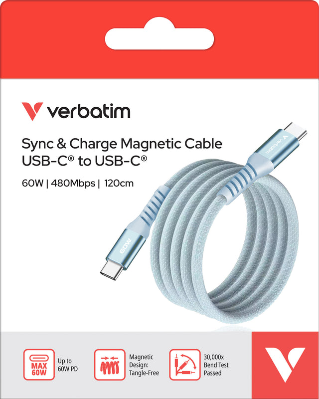 Verbatim Ladekabel, USB-C/USB-C, 1.2m Sync&Charge, 60W, 480MBit/s, Magnetic, Retail