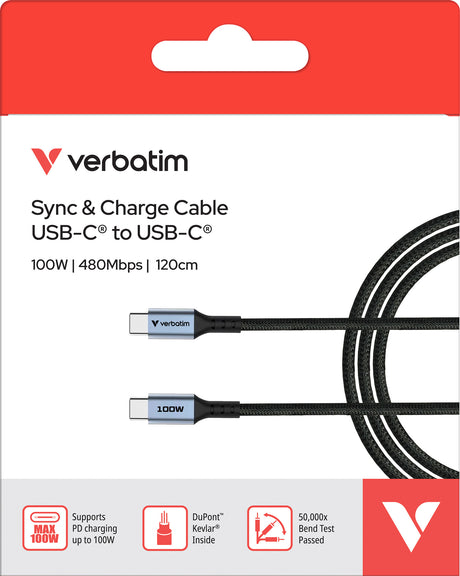 Verbatim Ladekabel, USB-C/USB-C, 1.2m, schwarz Sync&Charge, 100W, 480MBit/s, Retail