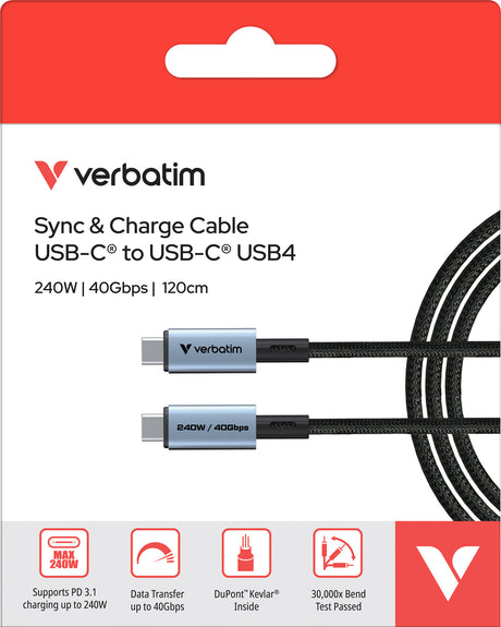 Verbatim Ladekabel, USB-C/USB-C, 1.2m, schwarz Sync&Charge, 240W, 40GBit/s, Retail