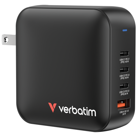 Verbatim Mini-GaN-Ladegerät, 165W, EU/US/UK-Stecker 1x USB-A QC, 4x USB-C PD, 100-250V, Retail