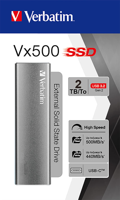 Verbatim SSD 2TB, USB 3.2, Typ A-C, Vx500 (R) 500MB/s, (W) 440MB/s, Retail-Blister