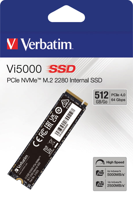 Verbatim SSD 512GB, PCIe 4.0, M.2 2280, NVMe, Vi5000 (R) 5000MB/s, (W) 2500MB/s, Retail