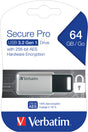 Verbatim USB 3.0 Stick 64GB, Secure Pro, Silber (R) 100MB/s, (W) 35MB/s, AES 256-Bit, Retail-Blister