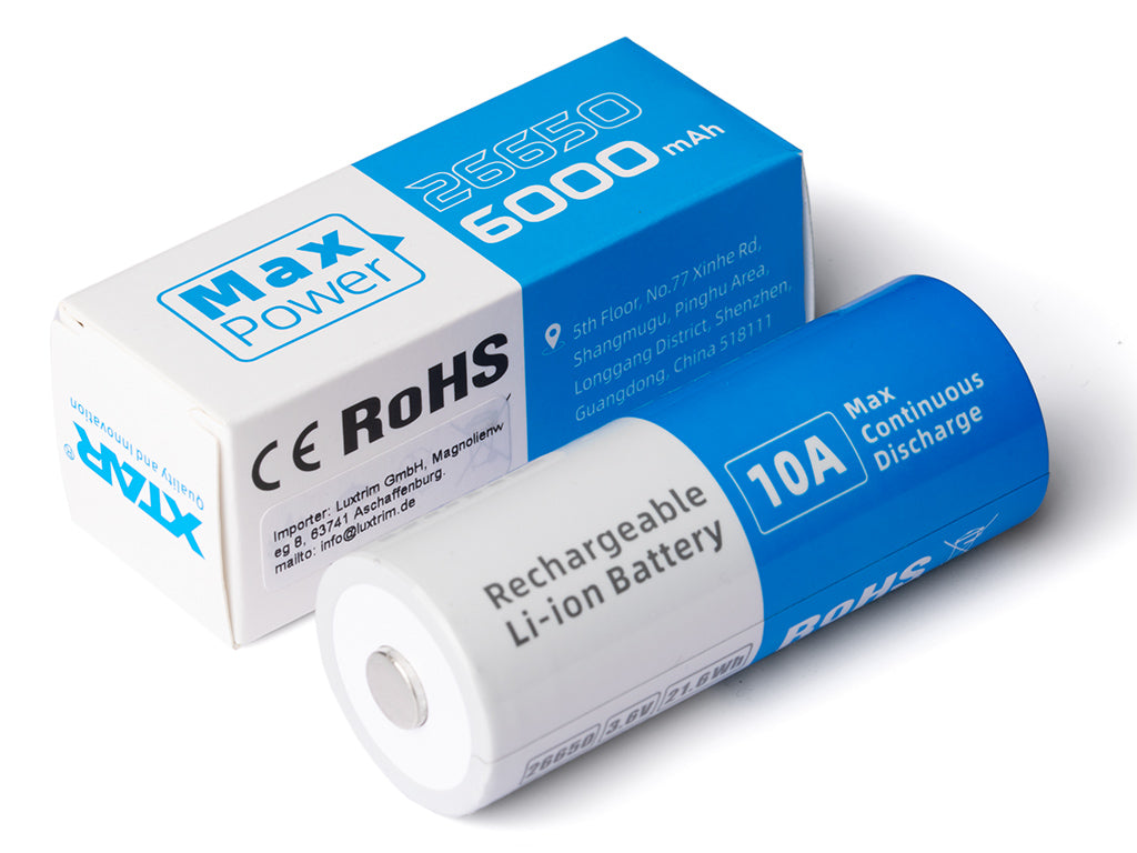 XTAR 26650 - 6000mAh, 3,6V - 3,7V Li-Ion-Akku PCB geschützt Max Power 10A