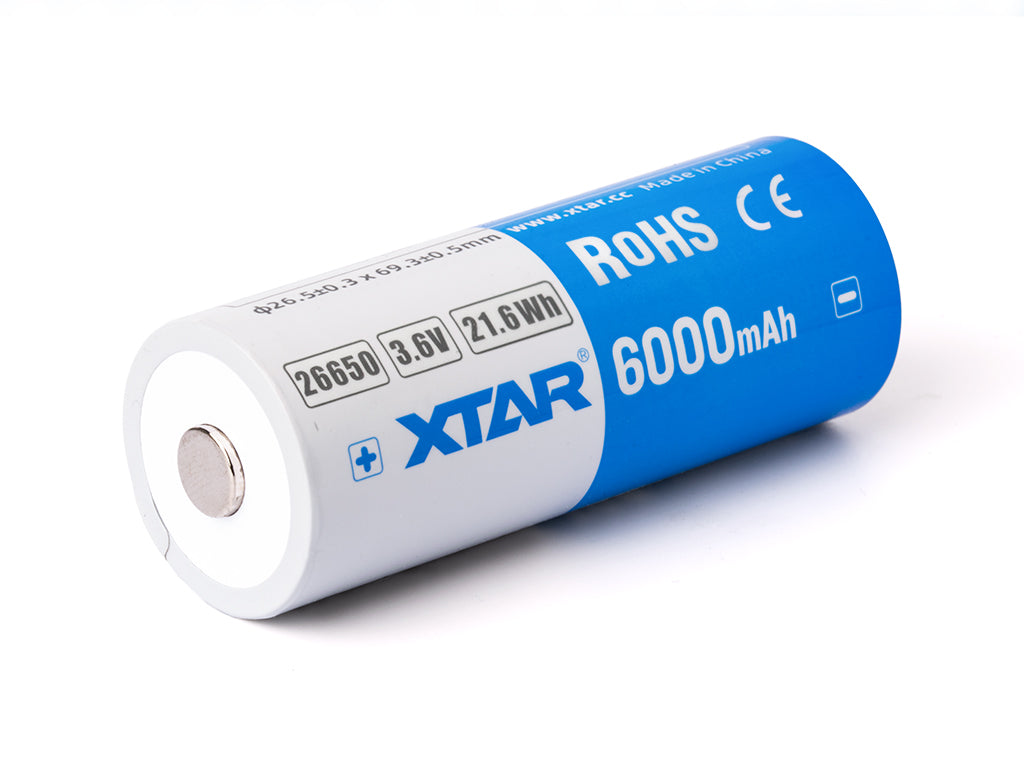XTAR 26650 - 6000mAh, 3,6V - 3,7V Li-Ion-Akku PCB geschützt Max Power 10A