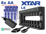 Xtar L8 – Ladegerät + 8x AA (Mignon) LR6 1,5V Li-Ion Akkus zzgl. USB QC3.0 Netzteil