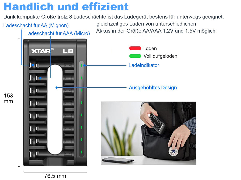 Xtar L8 – Ladegerät + 8x AA (Mignon) LR6 1,5V Li-Ion Akkus zzgl. USB QC3.0 Netzteil