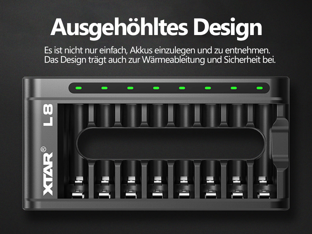Xtar L8 – Ladegerät + 8x AA (Mignon) LR6 1,5V Li-Ion Akkus zzgl. USB QC3.0 Netzteil