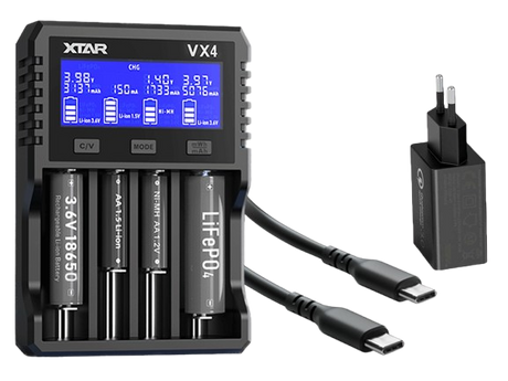 Xtar VX4 – Universelles Analyse Ladegerät für 1,5V; 3,6 - 3,7V Li-Ion; 3,2V LiFePO4 & 1,2V Ni-MH Akkus