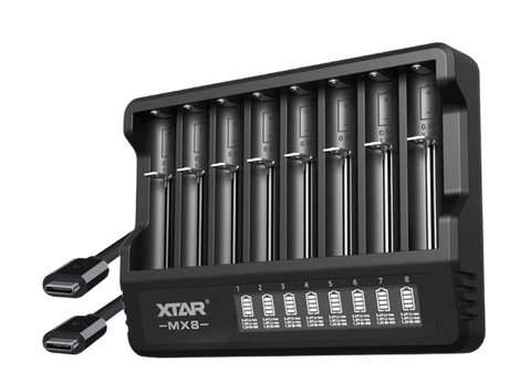 XTAR MX8 8-fach Ladegerät für 1,5V Li-Ion, 3,6-3,7V Li-Ion, 1,2V NiMH Akkus, USB-C-Stromversorgung