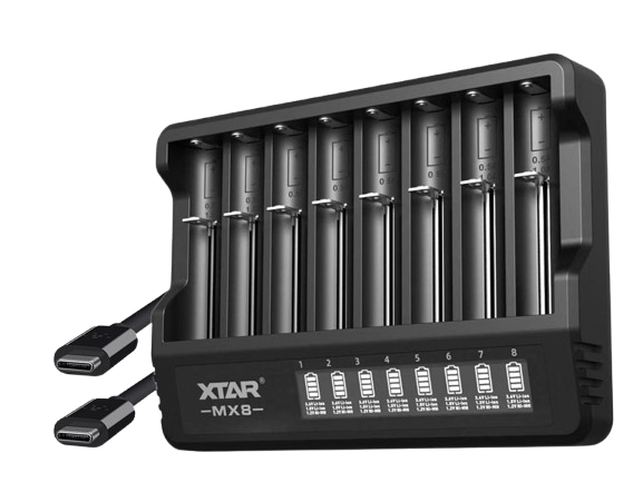 XTAR MX8 8-fach Ladegerät für 1,5V Li-Ion, 3,6-3,7V Li-Ion, 1,2V NiMH Akkus, USB-C-Stromversorgung