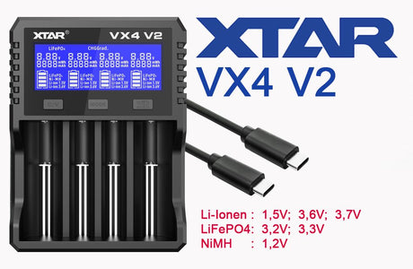 XTAR VX4 V2 Schnell-Ladegerät für 1,5V Li-Ion, 3,6-3,7V Li-Ion, 3,2V LiFePO4, 1,2V NiMH Akkus, 4 Ladeschächte, mit Kapazitätstester