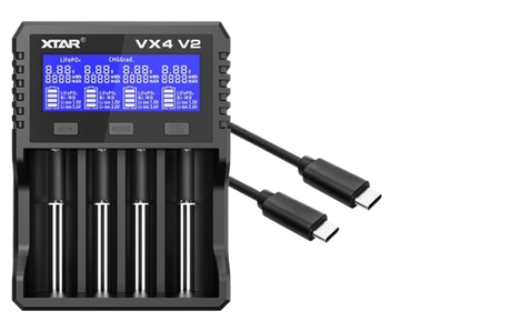 XTAR VX4 V2 Schnell-Ladegerät für 1,5V Li-Ion, 3,6-3,7V Li-Ion, 3,2V LiFePO4, 1,2V NiMH Akkus, 4 Ladeschächte, mit Kapazitätstester