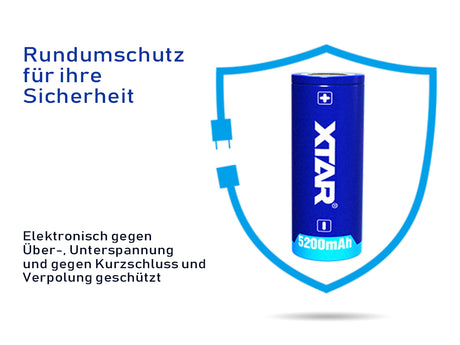 XTAR 26650 - 5200mAh, 3,6V - 3,7V Li-Ion-Akku PCB geschützt