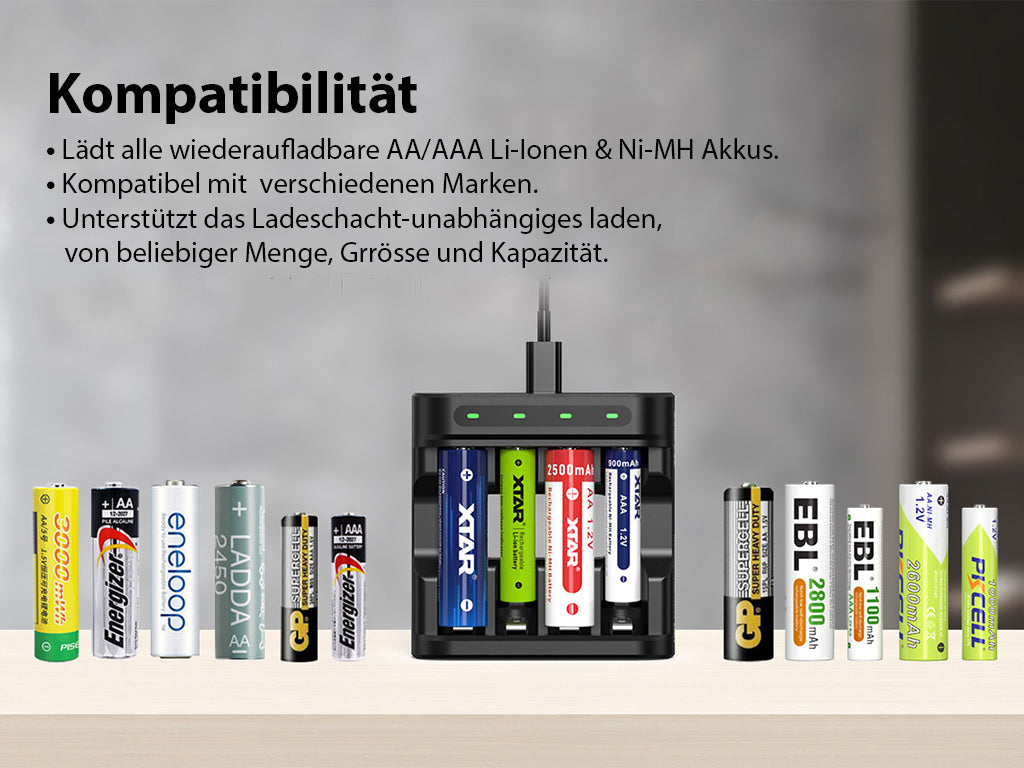 Xtar L4 – Ladegerät, incl. AA (Mignon) LR6 1,5V Li-Ion Akkus mit Akku-Wechselanzeige