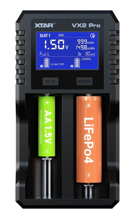 XTAR VX2 Pro, Akku-Ladegerät für Rundzellen, Li-Ionen, LiFePO4 und NiMH Akku