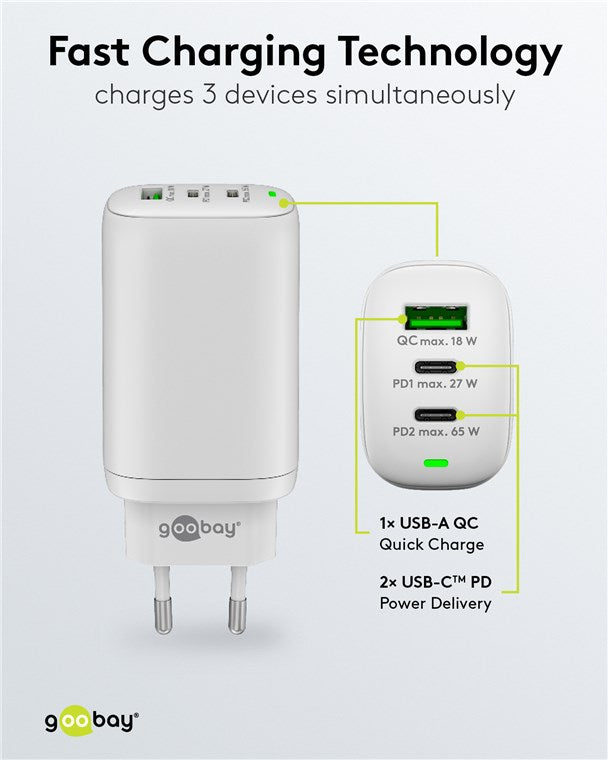 Goobay USB-C™ PD 3-fach Multiport-Schnellladegerät (65 W) weiß - 2x USB-C™-Anschlüsse (Power Delivery) und 1x USB-A-Anschluss (Quick Charge) - weiß