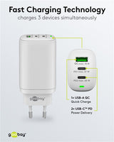 Goobay USB-C™ PD 3-fach Multiport-Schnellladegerät (65 W) weiß - 2x USB-C™-Anschlüsse (Power Delivery) und 1x USB-A-Anschluss (Quick Charge) - weiß