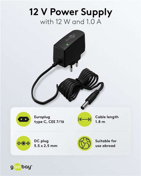 Goobay 12-V-Netzteil (12 W / 1,0 A) - mit DC-Stecker 5,5 mm x 2,5 mm