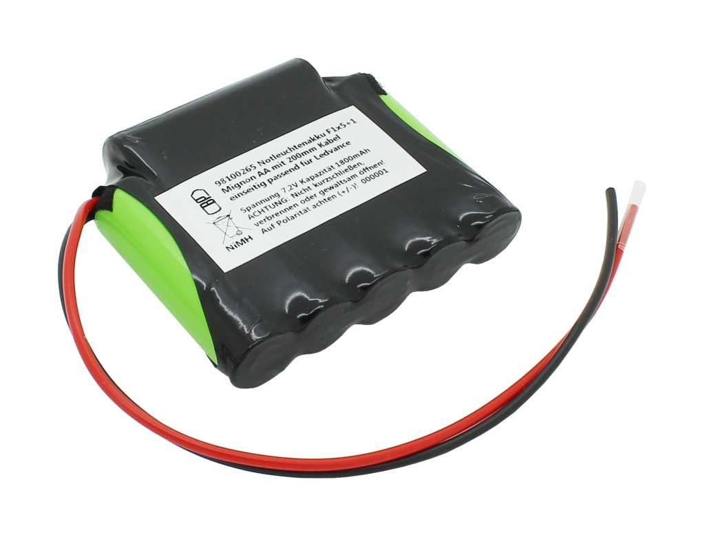 AccuCell Notleuchtenakku NiMH 7,2V 1800mAh F1x5+1 Mignon AA mit 200mm Kabel einseitig passend für Ledvance
