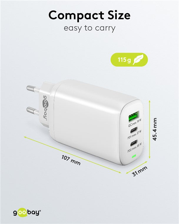 Goobay USB-C™ PD 3-fach Multiport-Schnellladegerät (65 W) weiß - 2x USB-C™-Anschlüsse (Power Delivery) und 1x USB-A-Anschluss (Quick Charge) - weiß