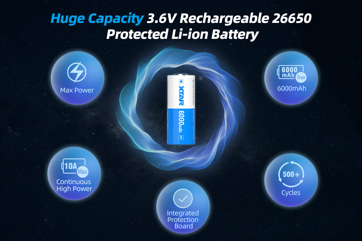 XTAR 26650 - 6000mAh, 3,6V - 3,7V Li-Ion-Akku PCB geschützt Max Power 10A