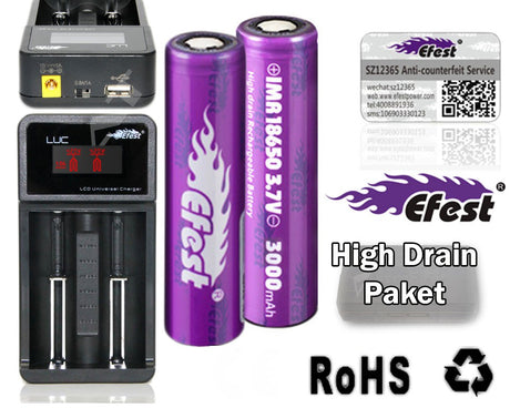 Efest LUC Ladegerät + 2x IMR 18650 - 3000mAh ungeschützt + Akkubox