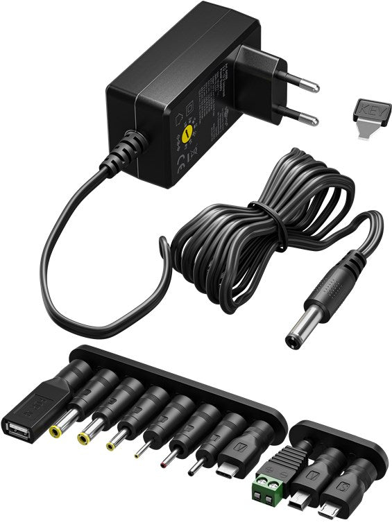 Goobay Universal-Netzteil (3 V - 12 V, max. 27 W / 2,25 A) - inkl. 11 Adapter: 7 DC-Adapter plus USB-C™, USB-A, USB Mini-B, Micro-USB und Schraubklemmenanschluss