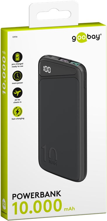 Goobay Schnelllade-Powerbank 10.000 mAh (USB-C™ PD, QC 3.0) - Leistungsstarke Powerbank mit Statusanzeige, Quick Charge-kompatibel