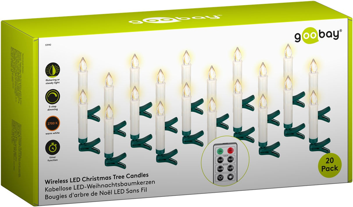 Goobay 20 kabellose LED-Weihnachtsbaumkerzen - mit Klemmen und IR-Fernbedienung zur Steuerung von Timer, Leuchtmodi & Dimmer