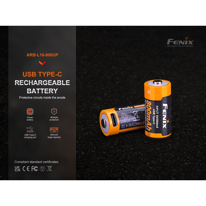 Fenix 16340 (R123A) 800mAh 3,7V ARB-L16-800UP Li-Ion Akku USB-C