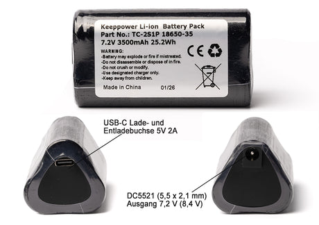 Keeppower 2S1P 18650 Akkupack 7,2V 3500mAh 25,2Wh mit Type-C und DC5521 (5,5 x 2,1 mm) Ausgang