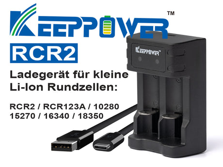 Keeppower RCR2 Ladegerät für RCR2 RCR123A 16340 18350 3,6V - 3,7V Li-Ionen Akkus