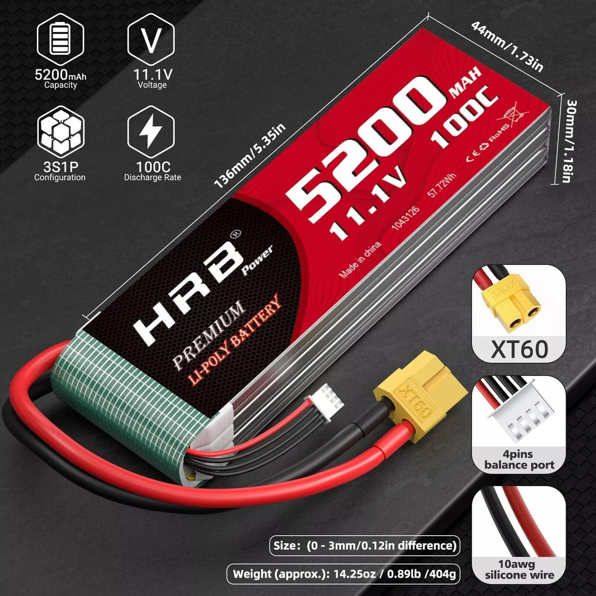 HRB 3S 5200mAh 11,1V LiPo-Akku mit XT60-Stecker (2 St.)