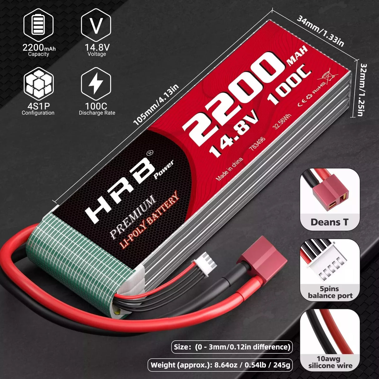 HRB 4S 2200mAh 14,8V 100C LiPo-Akku mit Deans T-Stecker ( 2 St.)