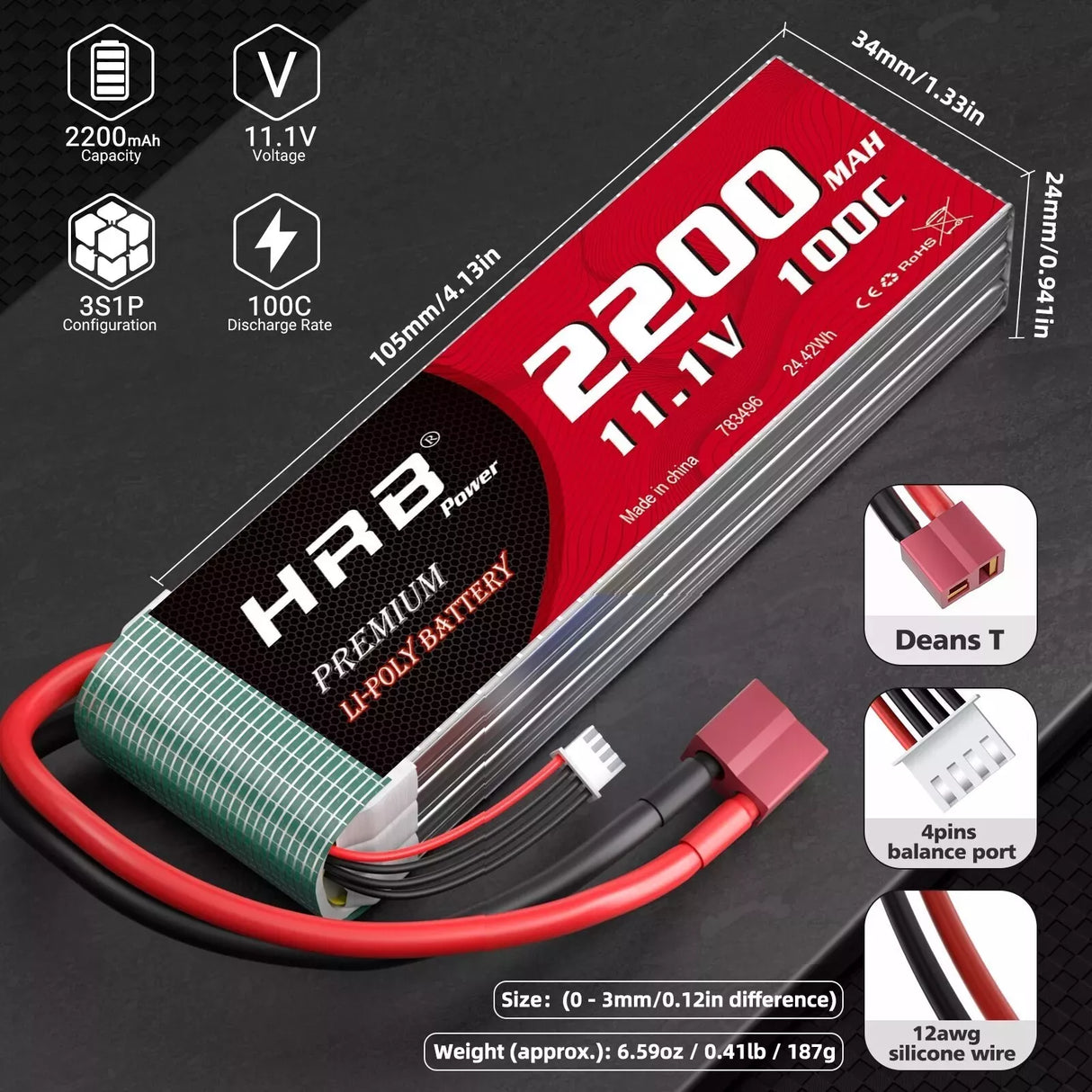 HRB 3S 2200mAh 11,1V 100C LiPo-Akku mit Deans T-Stecker (2 St.)
