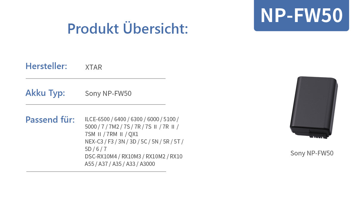 Xtar Kamera - Akku 7,4V 1000mAh 7,4Wh NP-FW50 Sony