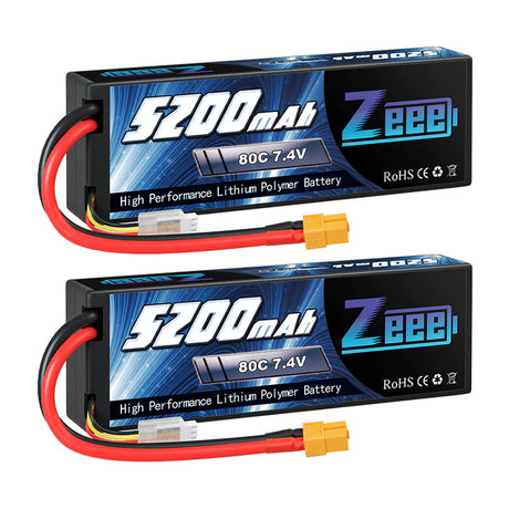 Zeee 2S Lipo Akku 5200mAh 7.4V 80C mit XT60 Stecker Hartschalenkoffer für 1/8 1/10 RC Car (2 Packungen) - LiPo24.de