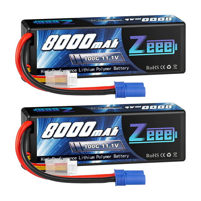 Zeee 3S Lipo Akku 8000mAh 11,1V 100C Hartschalenkoffer mit EC5 Stecker für 1/8 1/10 RC Automodell (2 Stück) - LiPo24.de