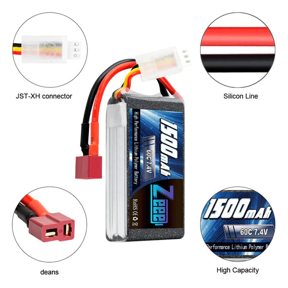 Zeee 2S Lipo Akku 1500mAh 7.4V 60C mit Deans Stecker für RC Modelle (2 Pack) - LiPo24.de