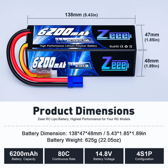Zeee 4S Lipo Akku 6200mAh 14,8 V 80 C Hartschalenkoffer mit EC5-Anschluss für RC Car RC-Modelle (2 Packungen) - LiPo24.de