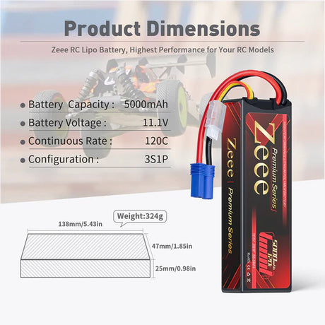 Zeee Premium Series 3S Lipo Akku 5000mAh 11.1V 120C LCG Hartschalenkoffer mit EC5 Anschluss für RC Car RC Modelle (2 St.) - LiPo24.de