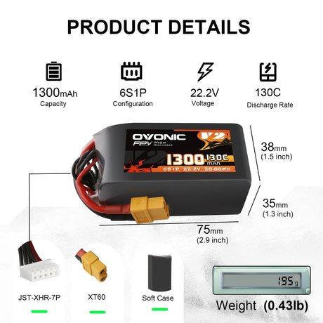 Ovonic 6S 1300mAh 130C 22,2V XT60 Lipo Akku Pack (2 St.) - LiPo24.de
