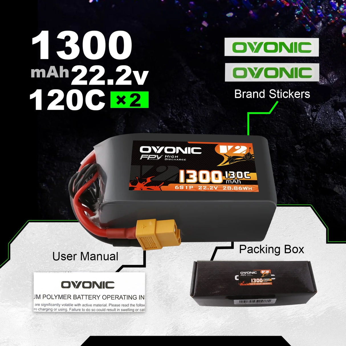 Ovonic 6S 1300mAh 130C 22,2V XT60 Lipo Akku Pack (2 St.) - LiPo24.de