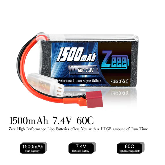 Zeee 2S Lipo Akku 1500mAh 7.4V 60C mit Deans Stecker für RC Modelle (2 Pack) - LiPo24.de