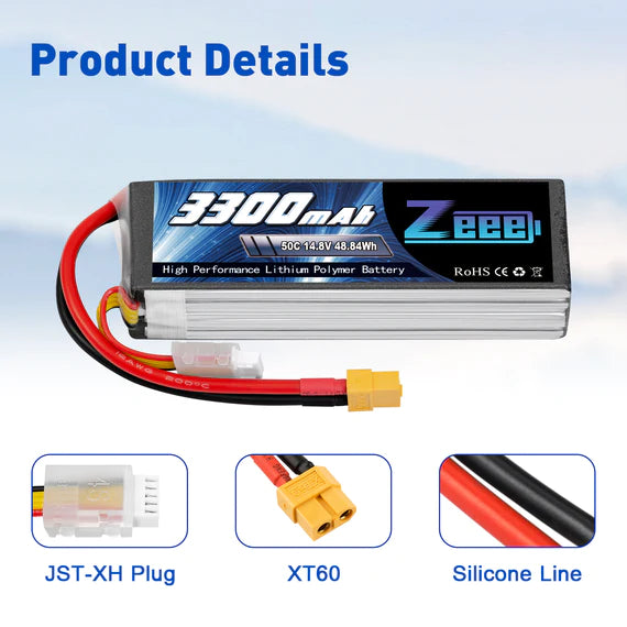 Zeee 4S Lipo Akku 3300mAh 14,8V 50C Soft Case mit XT60 Stecker für RC Flugzeug RC Auto (2 Packungen) - LiPo24.de