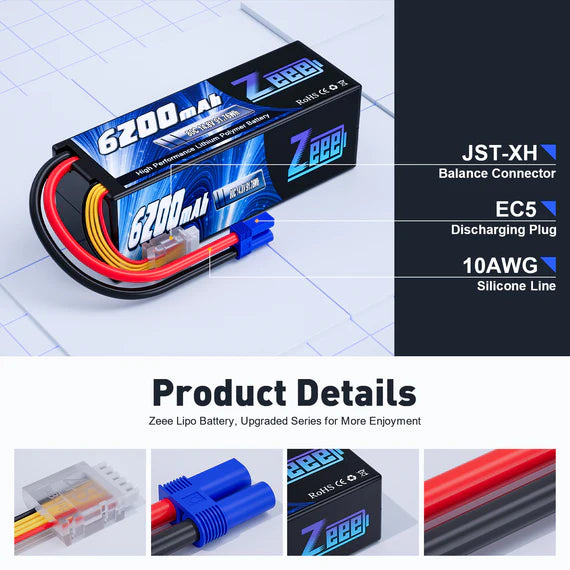 Zeee 4S Lipo Akku 6200mAh 14,8 V 80 C Hartschalenkoffer mit EC5-Anschluss für RC Car RC-Modelle (2 Packungen) - LiPo24.de
