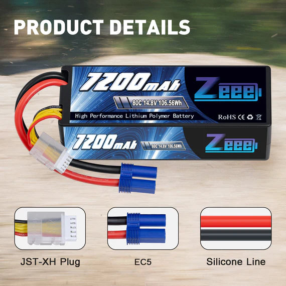 Zeee 4S Lipo Akku 7200mAh 14,8V 80C mit EC5 Anschluss Hartschalenkoffer für RC Car RC Racing Modelle (2 St.) - LiPo24.de